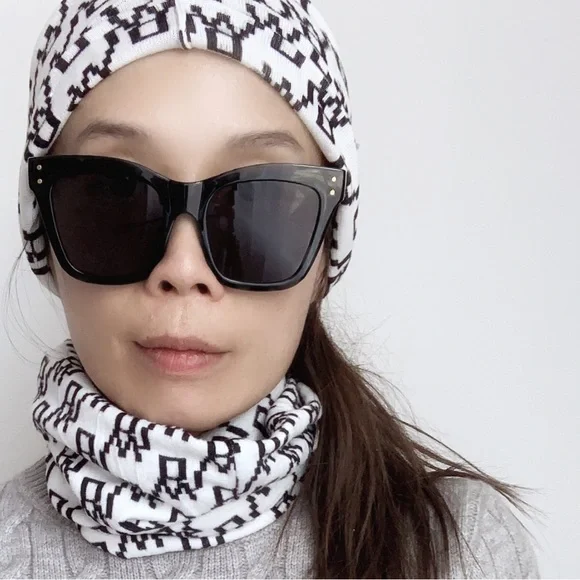 SOFT MONOGRAM KNIT BEANIE AND INFINITY NECK WARMER - WHITE BLACK PRINT 2 PIECE - Picture 5 of 8